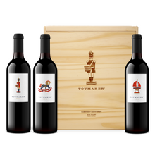 Load image into Gallery viewer, 2012, 2013, 2014 ToyMaker Cabernet Sauvignon three bottles of red wine with wood box, Red Wine, Library Collection, Napa Valley, California, made by winemaker Martha McClellan of Sloan Estate, Checkerboard Vineyards, Levy &amp; McClellan, and formerly of Harlan Estate. Best Napa Valley Grand Cru red wines.
