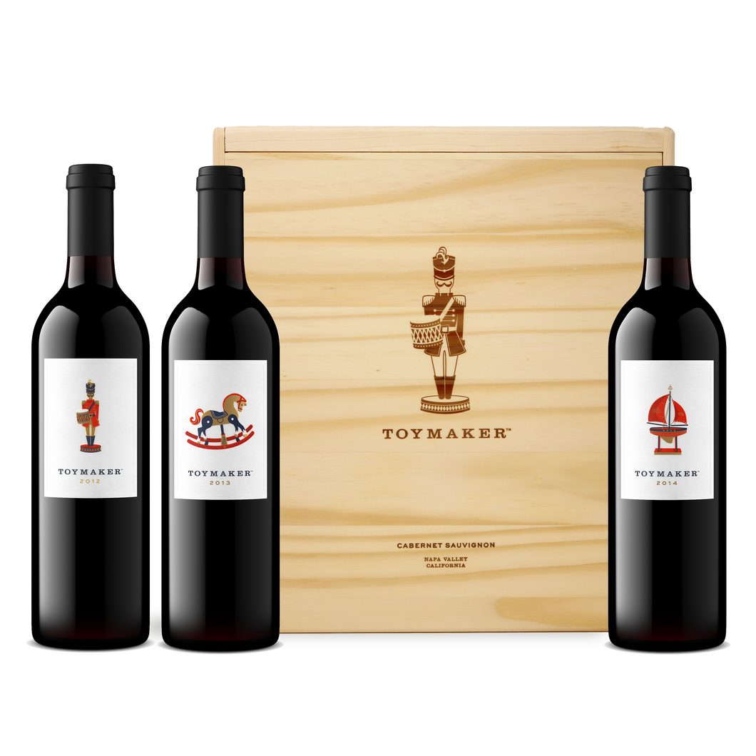 2012, 2013, 2014 ToyMaker Cabernet Sauvignon three bottles of red wine with wood box, Red Wine, Library Collection, Napa Valley, California, made by winemaker Martha McClellan of Sloan Estate, Checkerboard Vineyards, Levy & McClellan, and formerly of Harlan Estate. Best Napa Valley Grand Cru red wines.